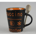 360ml Color Glazed Logo Decal Artwork Painted Ceramic Stoneware Coffee Tea Mugs Cups With Spoon Sets